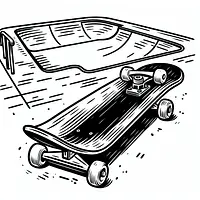 A black and white coloring page of  simple, Skateboard in a skate park.