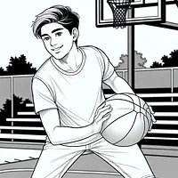 A black and white coloring page of  simple, Teen playing basketball.