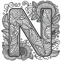 A black and white coloring page of  simple, Letter N.