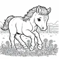 A black and white coloring page of  simple, Cute baby horse playing.