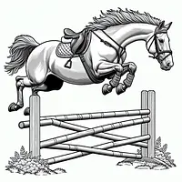 A black and white coloring page of  simple, Horse jumping over obstacle.