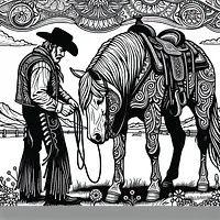 A black and white coloring page of  simple, Cowboy riding a horse.