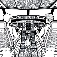 A black and white coloring page of  simple, Pilots inside the cockpit of an airplane.