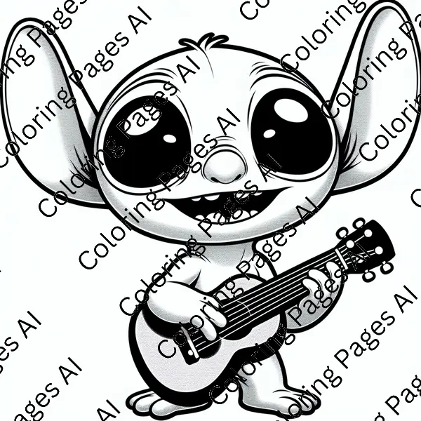 Stitch From Lilo Stitch Playing A Ukulele Coloring Page - Coloring Pages AI