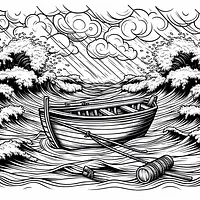 A black and white coloring page of  simple, Boat during a storm.