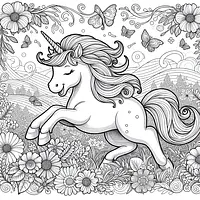 A black and white coloring page of  simple, Unicorn playing in a field of flowers.