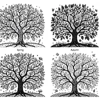 A black and white coloring page of  simple, A tree plant growing in different seasons.