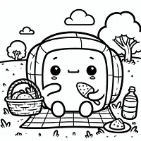 A black and white coloring page of  simple, Squishmallow having a picnic.