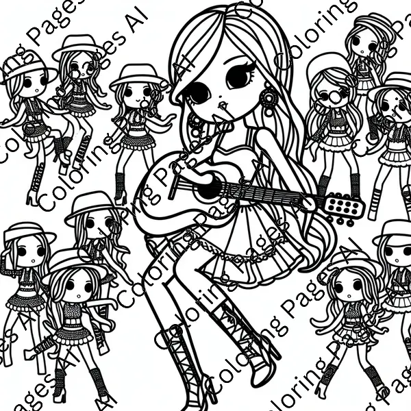 Barbie Girl With A Lot Of Barbies Dancing And With Guitar Coloring Page ...
