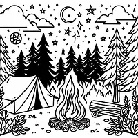 A black and white coloring page of  simple, Camping in the forest.
