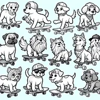 A black and white coloring page of  simple, Dogs riding a skateboard.
