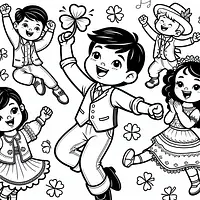 A black and white coloring page of  simple, Children dancing on St Patrick Day.