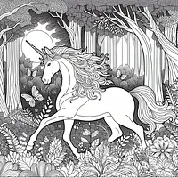 A black and white coloring page of  simple, Unicorn fluttering through a magical forest.