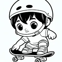 A black and white coloring page of  simple, Young child learning to skateboard.