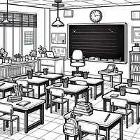 A black and white coloring page of  simple, Classroom setting for Back To School.