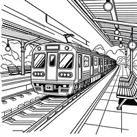 A black and white coloring page of  simple, Train pulling into a station.