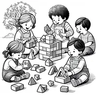 A black and white coloring page of  simple, Kids playing with Triangle Blocks.