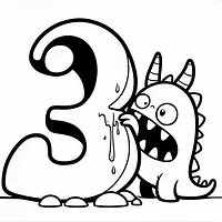 A black and white coloring page of  simple, Monster eating the number.