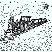 A black and white coloring page of  simple, Fairy tale train flying in the sky.