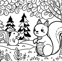 A black and white coloring page of  simple, Squirrel in the forest.