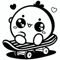 A black and white coloring page of  simple, Squishmallow on a skateboard.