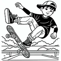 A black and white coloring page of  simple, Skateboarder performing a trick.
