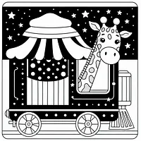 A black and white coloring page of  simple, Giraffe peeking out from a circus train.
