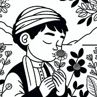 A black and white coloring page of  simple, Child smelling a flower.