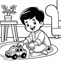 A black and white coloring page of  simple, Boy playing with a toy car.