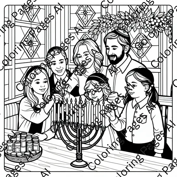 A Family Lighting The Hanukah Menorah Coloring Page - Coloring Pages AI