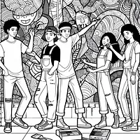 A black and white coloring page of  simple, Teens painting a mural on a wall.