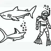 A black and white coloring page of  simple, Shark with a diver.