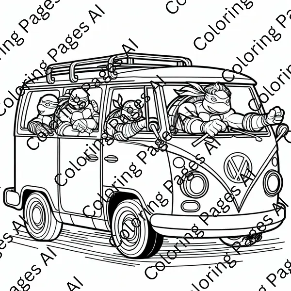 Ninja Turtles Riding Their Turtle Van Coloring Page - Coloring Pages AI