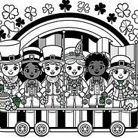 A black and white coloring page of  simple, St Patrick Day parade.