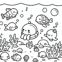 A black and white coloring page of  simple, Underwater Squishmallow adventure.
