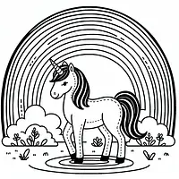 A black and white coloring page of  simple, Unicorn and rainbow.