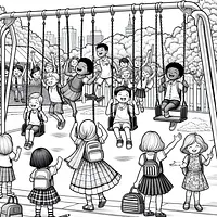 A black and white coloring page of  simple, Back To School playground scene with kids on swings.