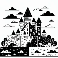 A black and white coloring page of  simple, Triangle shaped castle.