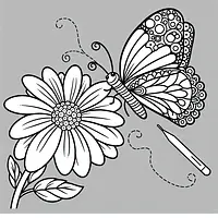 A black and white coloring page of  simple, Butterfly resting on a flower.