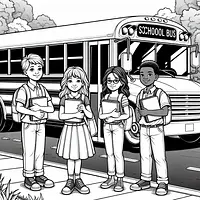 A black and white coloring page of  simple, Kids waiting for the Back To School bus.