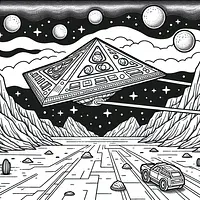 A black and white coloring page of  simple, Triangle shaped spaceship landing on a planet.
