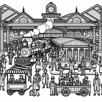 A black and white coloring page of  simple, Train pulling into a bustling station.