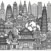 A black and white coloring page of  simple, Cultural and world and Building.