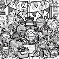 A black and white coloring page of  simple, Back To School shopping with fun backpacks and supplies.