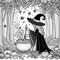A black and white coloring page of  simple, witch and fall autumn.