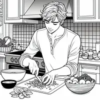 A black and white coloring page of  simple, Teen cooking in the kitchen.