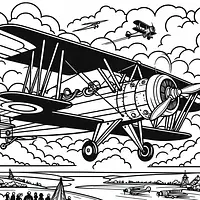 A black and white coloring page of  simple, A vintage biplane in an airshow.