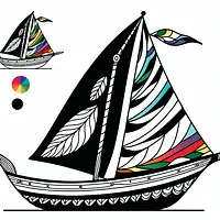 A black and white coloring page of  simple, Boat with a colorful sail.