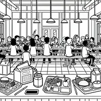 A black and white coloring page of  simple, Back To School cafeteria lunch scene.