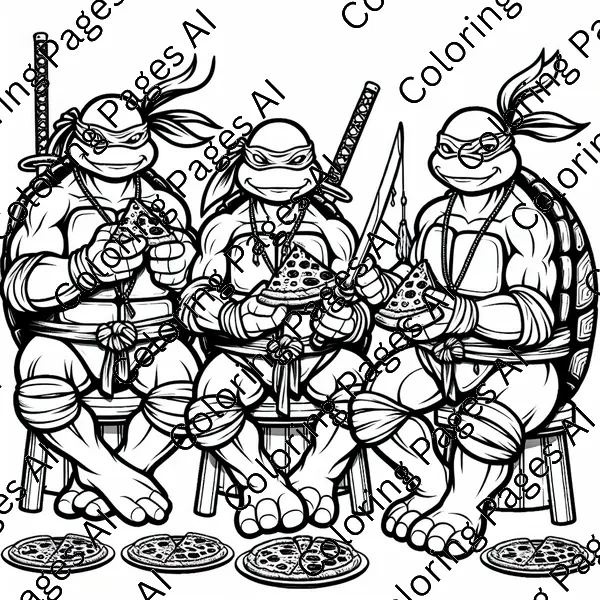 Ninja Turtles Eating Pizza Coloring Page - Coloring Pages AI